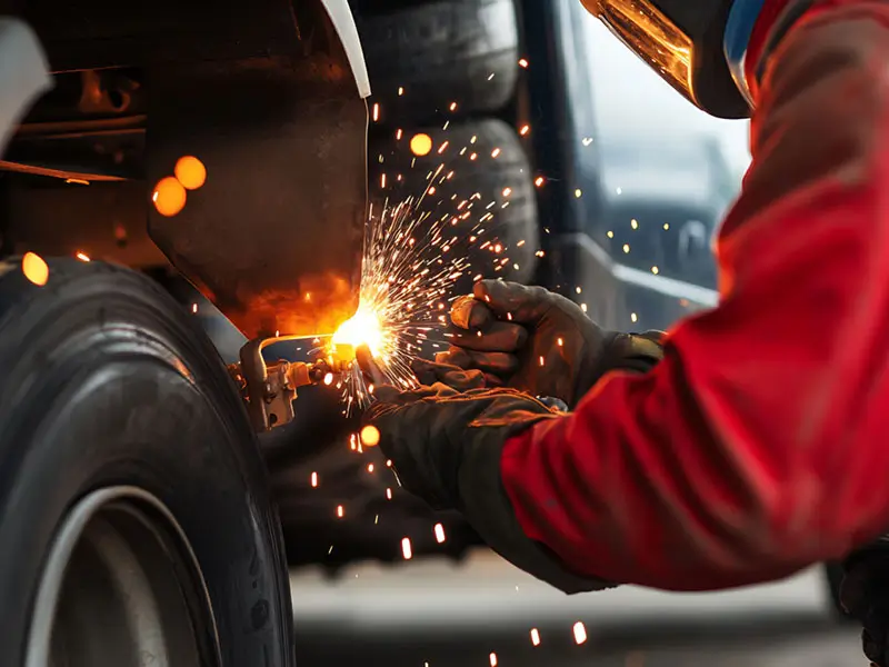 Welder repairing vehicle with sparks